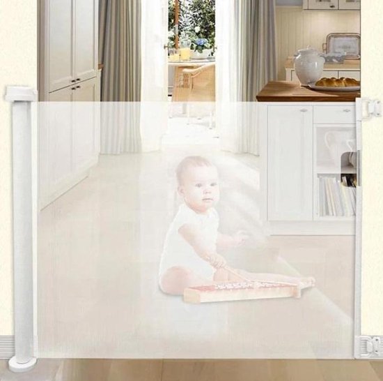 Oprolbaar Traphekje - Wit - Veiligheid in huis - Luxe Mesh - Veiligheidshekje voor Baby - Kinderhekje - Hondenhek - Nifkos