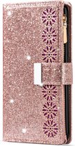 Samsung Galaxy A22 5G Luxe Glitter Book Case Hoesje met Koord - Bloemenpatroon - Magnetische Sluiting - Portemonnee met Rits - Pasjeshouder - Samsung Galaxy A22 5G - Rose Goud