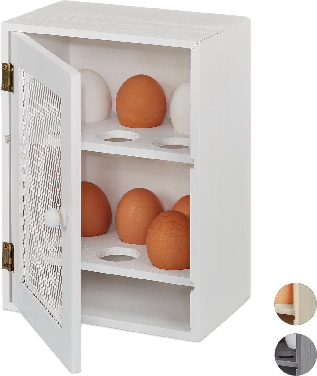 Houten eierkast met gaas-deur - 12 eieren - wit - landhuisstijl