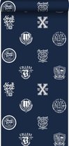 ESTAhome behang school emblemen donkerblauw - 138826 - 53 cm x 10.05 m