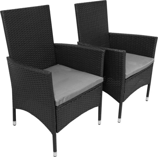 Twee zwarte rotan stoelen met grijze kussens, op witte achtergrond.