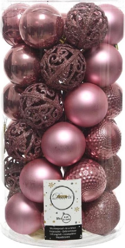Een transparante buis gevuld met 37 stuks onbreekbare, oudroze kerstballen van 6 cm. Diverse afwerkingen: mat, glanzend en glitter.