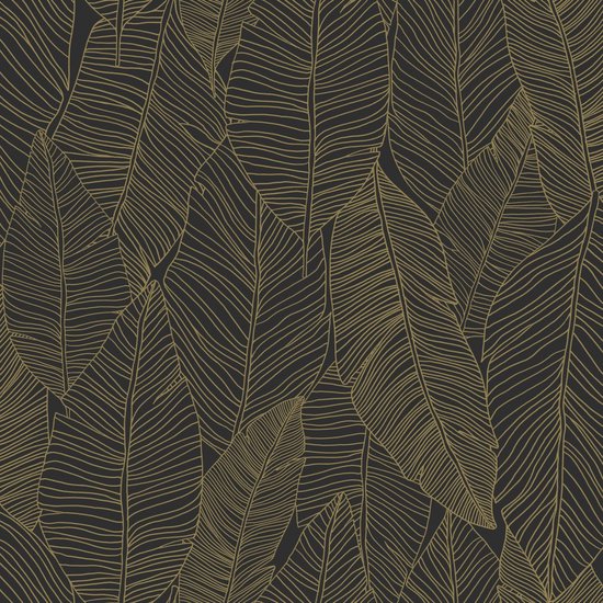 ESTAhome behang getekende bladeren zwart en goud - 139126 - 0,53 x 10,05 m - ESTAHome