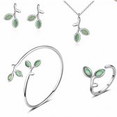 4 delig- Zilver-Set- ketting- oorbellen- bangle- Armband-ring -Green Leaf-Charme Bijoux