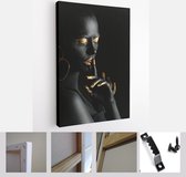 Beautiful woman with black and golden paint on her body against dark background - Modern Art Canvas - Vertical - 1195012708 - 40-30 Vertical