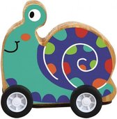 slak op wielen pull-back 7,5 x 7 cm hout blauw/paars