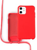 Coverzs Silicone case met koord - Telefoonhoesje met koord - Backcover hoesje met koord - touwtje - geschikt voor Apple iPhone 12 / 12 Pro - Rood
