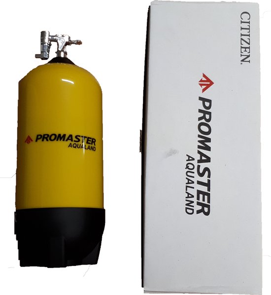 Gele Promaster Aqualand duikfles met zwarte voet, naast een witte doos met Promaster Aqualand logo.