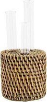 Windlicht - Tafellamp - Kaarsenhouder - Lantaarn - With Glass Rattan Bruin - 9,5x9,5x18,5cm - Rond Cement