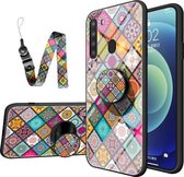 Voor Samsung Galaxy A21 Geschilderd Etnisch Patroon Gehard Glas TPU Schokbestendig Hoesje met Opvouwbare Magnetische Houder & Nekband (Geruit)