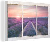 Canvas Schilderij Doorkijk - Lavendel - Zonsondergang - 90x60 cm - Wanddecoratie