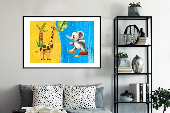 Fotolijst incl. Poster - Olifant - Giraffe - Water - 120x80 cm - Posterlijst