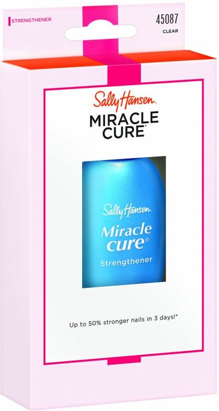 Sally Hansen Miracle Cure Strengthener nagelverzorging verpakking met een flesje blauwe nagelverharder.