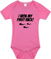 I won my first race tekst baby rompertje roze meisjes - Kraamcadeau - Babykleding 68 (4-6 maanden)