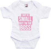 Small but the boss tekst baby rompertje roze/wit meisjes - Kraamcadeau - Babykleding 80 (9-12 maanden)