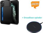 Kaarthouder Case Met Slide Geschikt Voor Apple Iphone 11 Pro Max - Zwart Met Draadloze Oplader