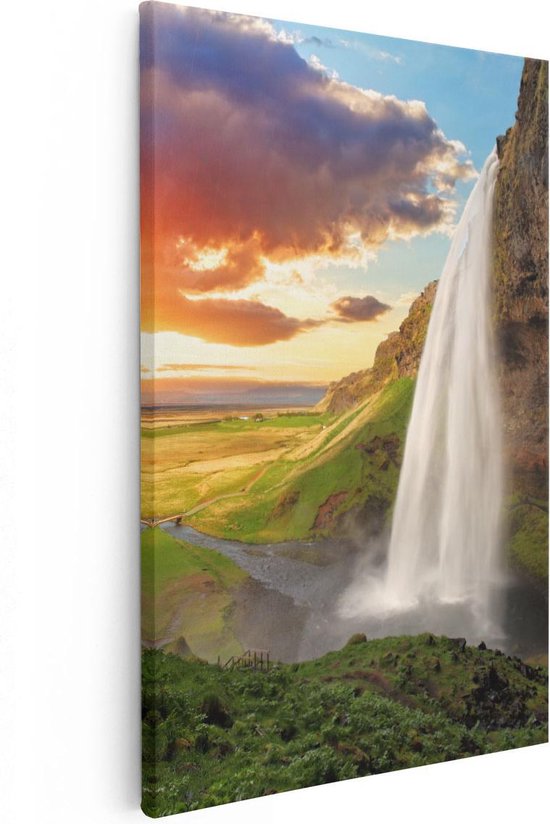 Artaza - Canvas Schilderij - Waterval In IJsland Met Zonsondergang - Foto Op Canvas - Canvas Print