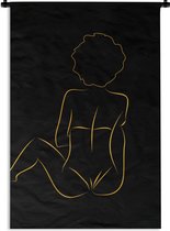 Wandkleed - Wanddoek - Vrouw - Zwart - Goud - Line art - 60x90 cm - Wandtapijt