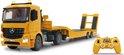 Gele Mercedes-Benz Arocs dieplader speelgoed vrachtwagen met afstandsbediening.