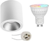 Mi-Light MiBoxer - Opbouwspot Set GU10 - Smart LED - Wifi LED - Slimme LED - 4W - RGB+CCT - Aanpasbare Kleur - Dimbaar - Pragmi Cliron Pro - Opbouw Rond - Mat Wit/Zilver - Verdiept - Ø90mm - 