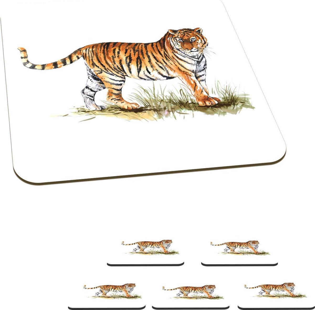 Onderzetters voor glazen - Tijger - Schilderij - Gras - 10x10 cm - Glasonderzetters - 6 stuks