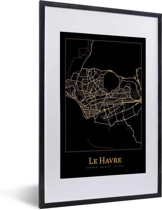 Fotolijst incl. Poster - Kaart - Le Havre - Zwart - Goud - 40x60 cm - Posterlijst
