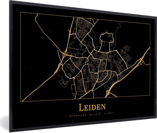 Fotolijst incl. Poster - Kaart - Leiden - Luxe - Goud - Zwart - 30x20 cm - Posterlijst
