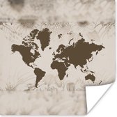 Poster Wereldkaart - Bloemen - Groen - 30x30 cm