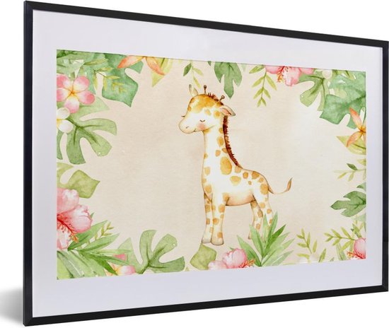 Fotolijst incl. Poster - Giraffe - Aquarelverf - Bloemen - Jungle - 60x40 cm - Posterlijst