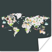 Muurdecoratie - Wereldkaart - Kinderen - Dieren - 50x50 cm - Poster