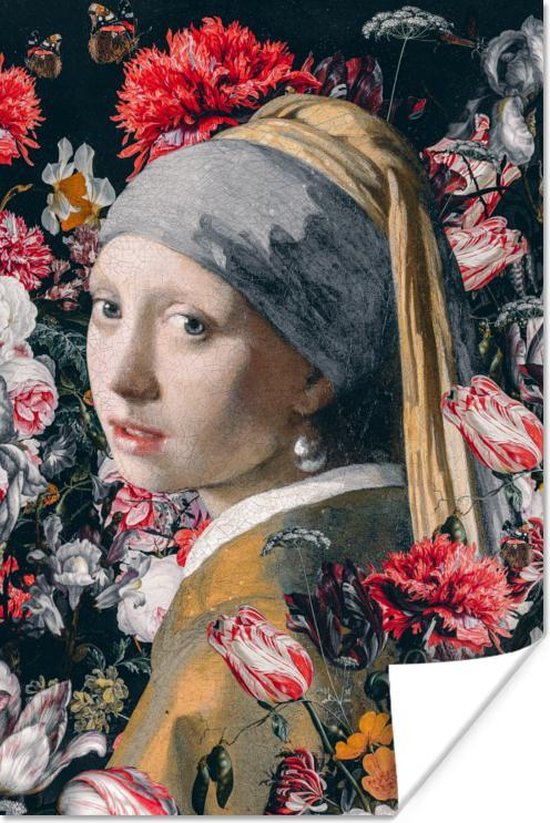 Poster Meisje met de parel - Johannes Vermeer - Bloemen