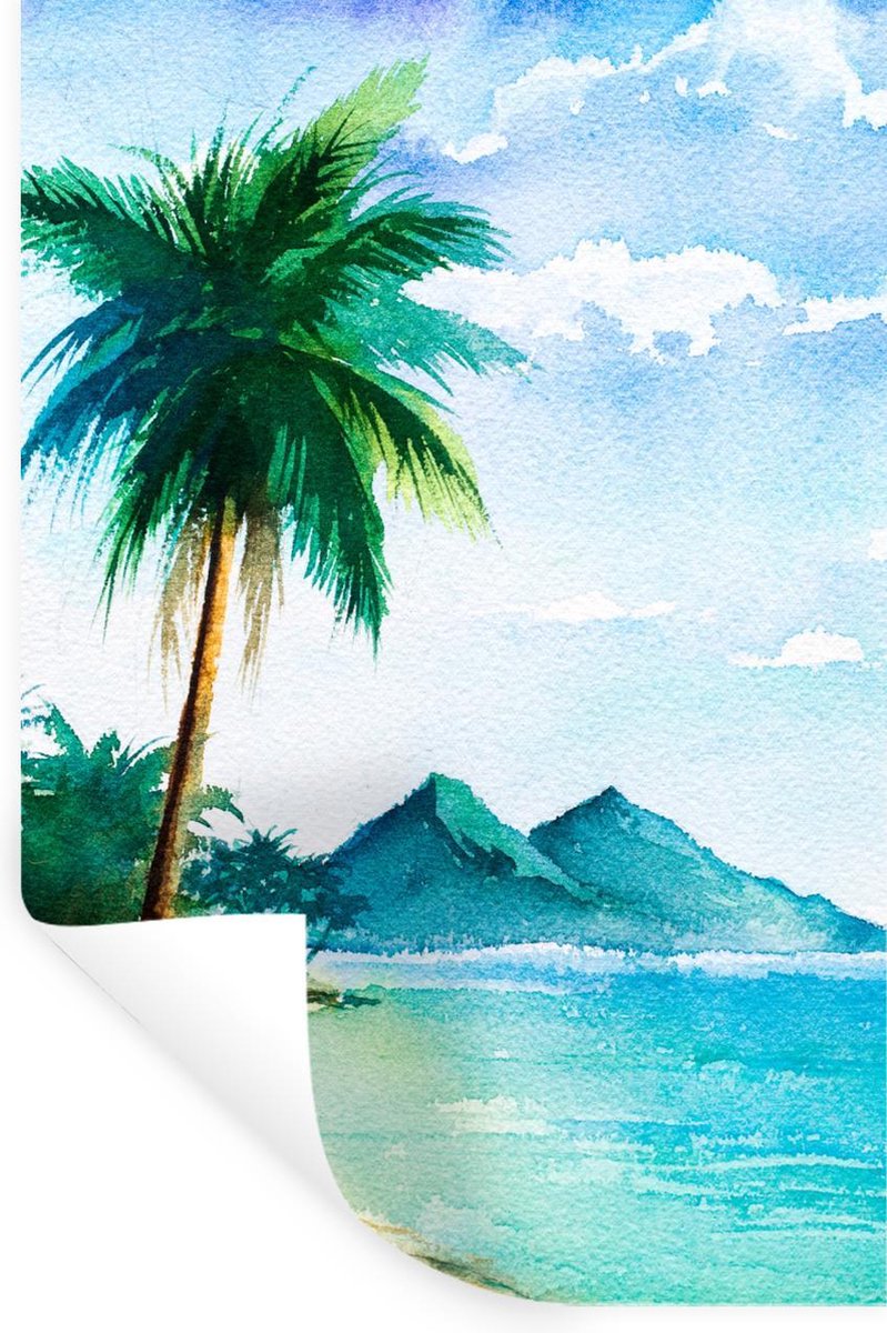 Muurstickers - Sticker Folie - Strand - Palmboom - Berg - 60x90 cm - Plakfolie - Muurstick