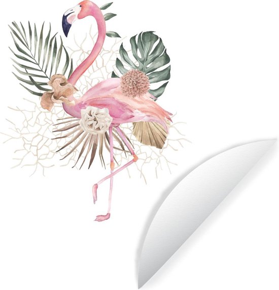 WallCircle - Muurstickers - Behangcirkel - Flamingo - Bladeren - Bloemen - Tekening - 30x30 cm - Muurcirkel - Zelfklevend - Ronde Behangsticker