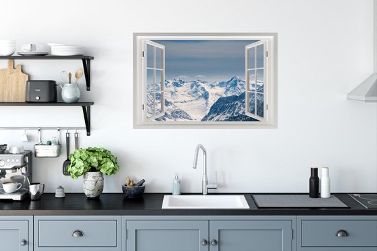 Stickers muraux - Vue à travers - Neige - Montagnes - 90x60 cm - Feuille adhésive