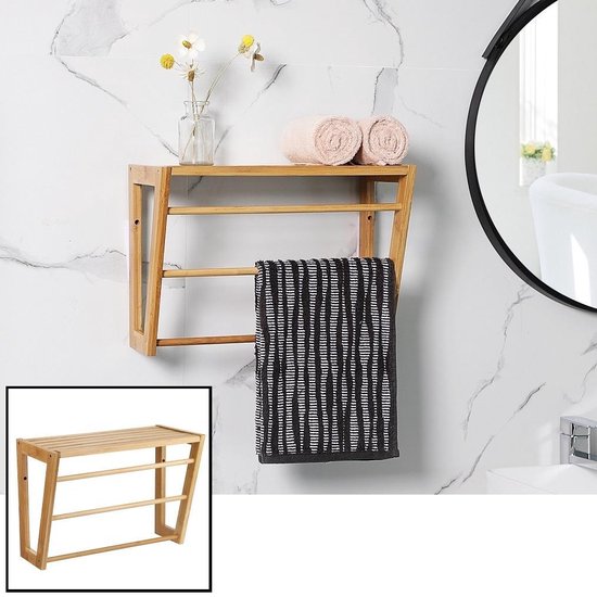 Decopatent® Bamboe wandplank en handdoekenrek voor in de badkamer - Hangend houten wandrek - Handdoekenhouder - Badkamer rek