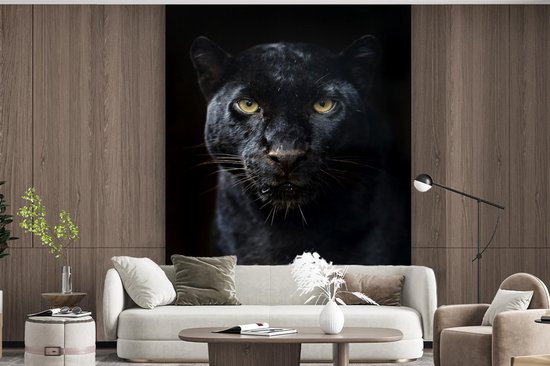 Behang - Fotobehang Panter - Zwart - Geel - Breedte 225 cm x hoogte 280 cm