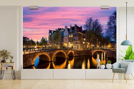 Papier peint - Papier peint photo Amsterdam - Nuit - Canal - Largeur 360 cm x hauteur 240 cm