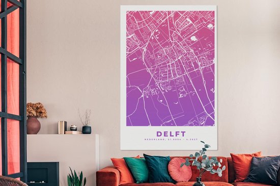 Tableau sur Toile City Map - Delft - Violet - 120x180 cm - Décoration murale XXL