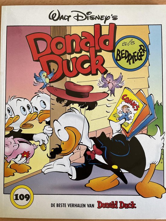 Donald Duck in pak, met strik, die boeken draagt. Hij wordt omringd door andere Disney-figuren.