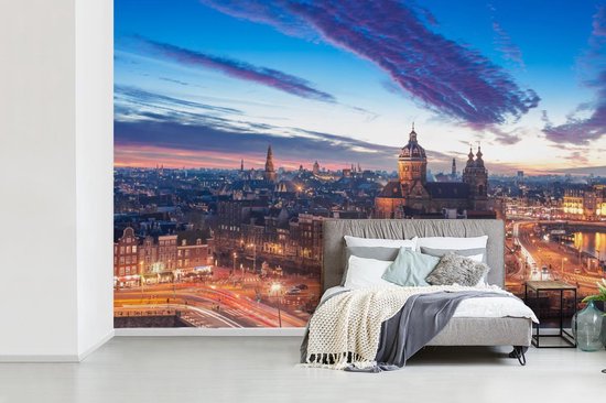 Papier peint - Papier peint photo peint Skyline Amsterdam - Nuit - Largeur 360 cm x Hauteur 240 cm