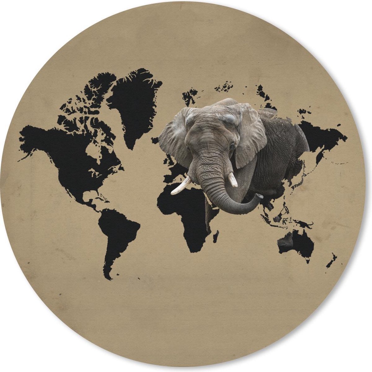 Muismat rond 20x20 cm - Mousepad Wereldkaart - Olifant - Bruin - Ronde muismatten