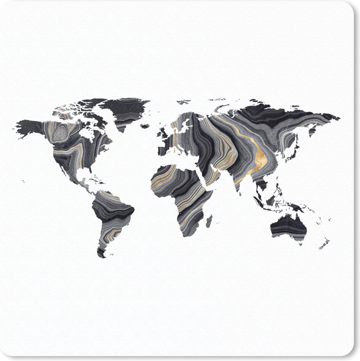 Muismat 30x30 cm - Mousepad Wereldkaart - Goud - Zwart Wit - Muismatten
