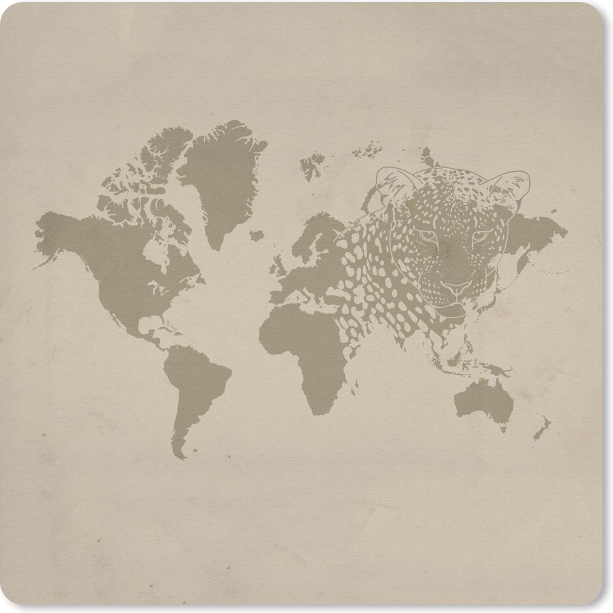 Muismat 20x20 cm - Mousepad Wereldkaart - Panter - Bruin - Muismatten