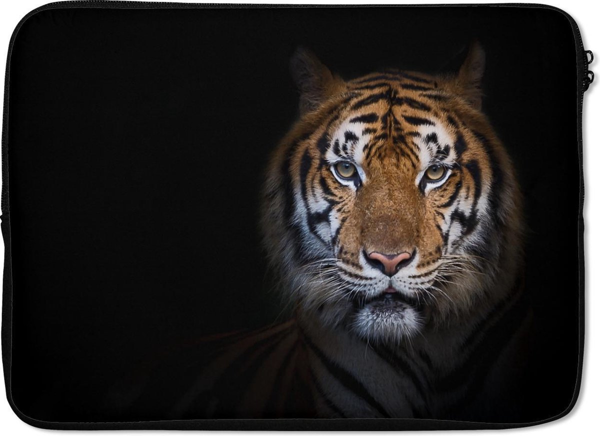Laptophoes 14 inch - Tijger - Dier - Portret - Laptop sleeve - Binnenmaat 33x23 cm - Zwarte achterkant