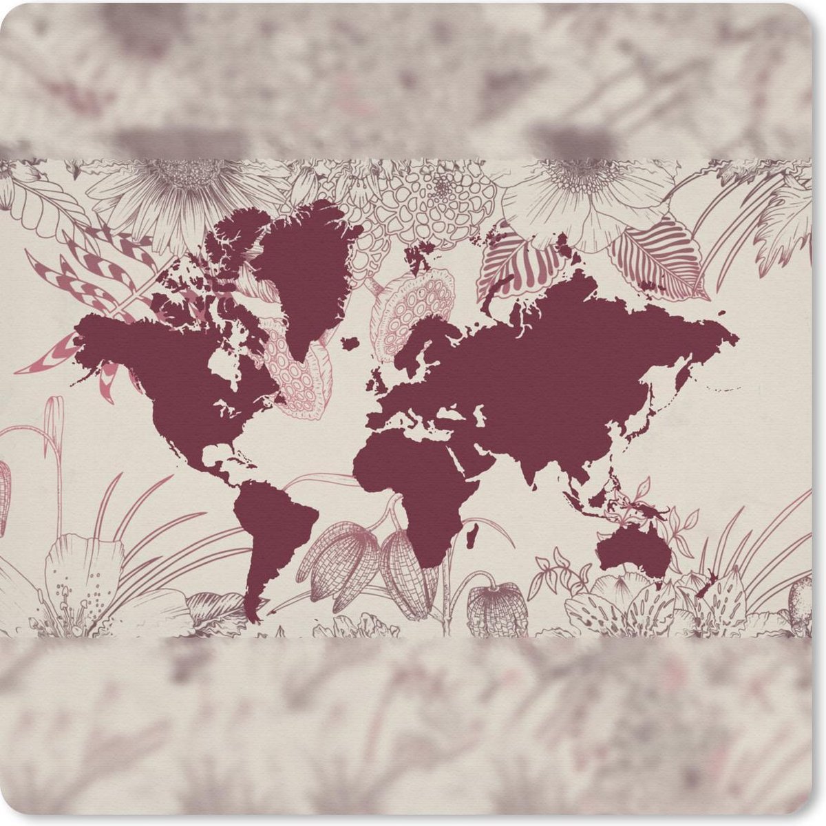 Muismat 20x20 cm - Mousepad Wereldkaart - Planten - Rood - Muismatten