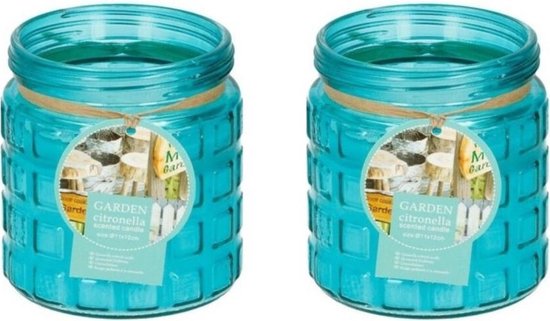 2x stuks citronella kaarsen tegen insecten in glazen pot 12 cm blauw- Anti-muggen/insecten