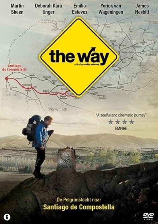 Filmposter met de titel 'the way' en de tekst 'De Pelgrimstocht naar Santiago de Compostella'. Een man met rugzak staat op een steen.