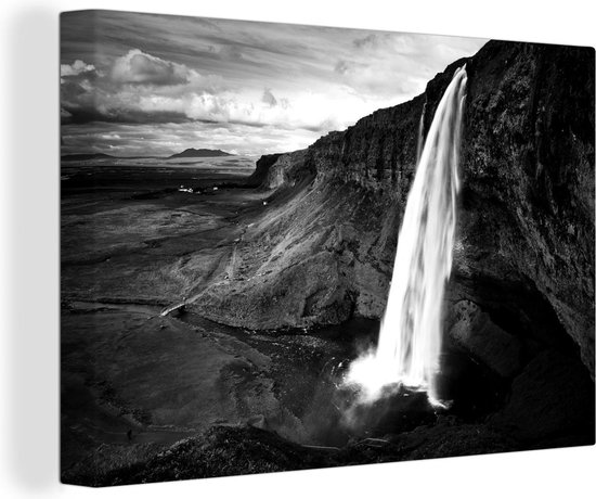 Canvas Schilderij Seljalandsfoss waterval - zwart wit - 60x40 cm - Wanddecoratie