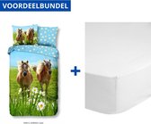 Dekbedovertrek voor Kinderen - Eenpersoons - 140x200/220cm - Inclusief 1 Kussensloop - 100% Versterkt Katoen - Paarden + Zachte Katoenen Hoeslaken - 100x200cm - Wit