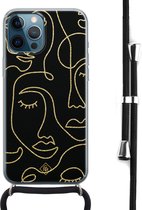 Casimoda® hoesje met koord - Geschikt voor iPhone 12 Pro Max - Abstract Faces - Afneembaar koord - Siliconen/TPU - Zwart